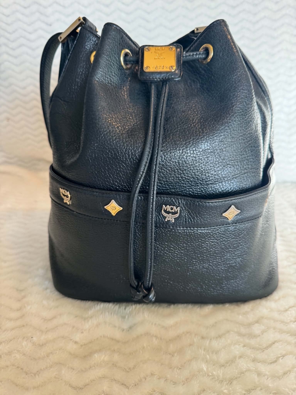 MCM Black Pebbled Leather Drawstring Hobo with Gold Hardware